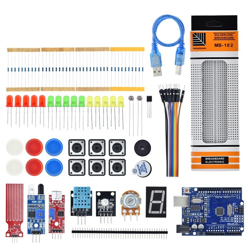 Kit Starter Arduino Uno R3 CH340 cu Senzori de Sunet, Apă și Distanță