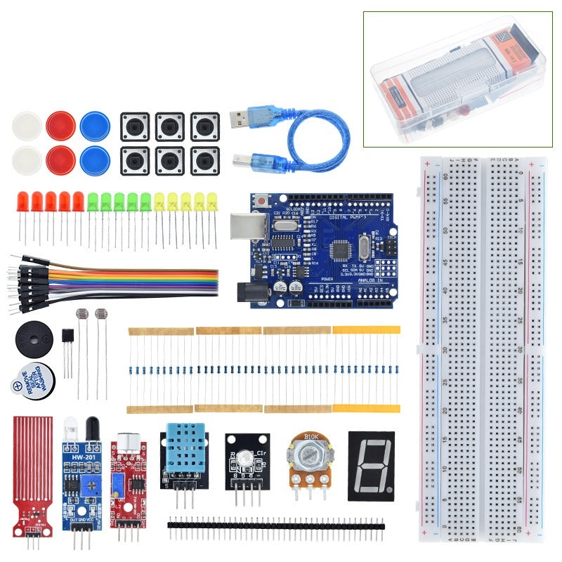 Kit Starter Arduino Uno R3 CH340 cu Senzori de Sunet, Apă și Distanță