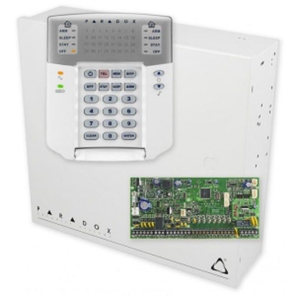 Centrala alarma Paradox Spectra SP5500 cu tastatura LED K32+, cutie si traf, 5 zone, 2 partitii