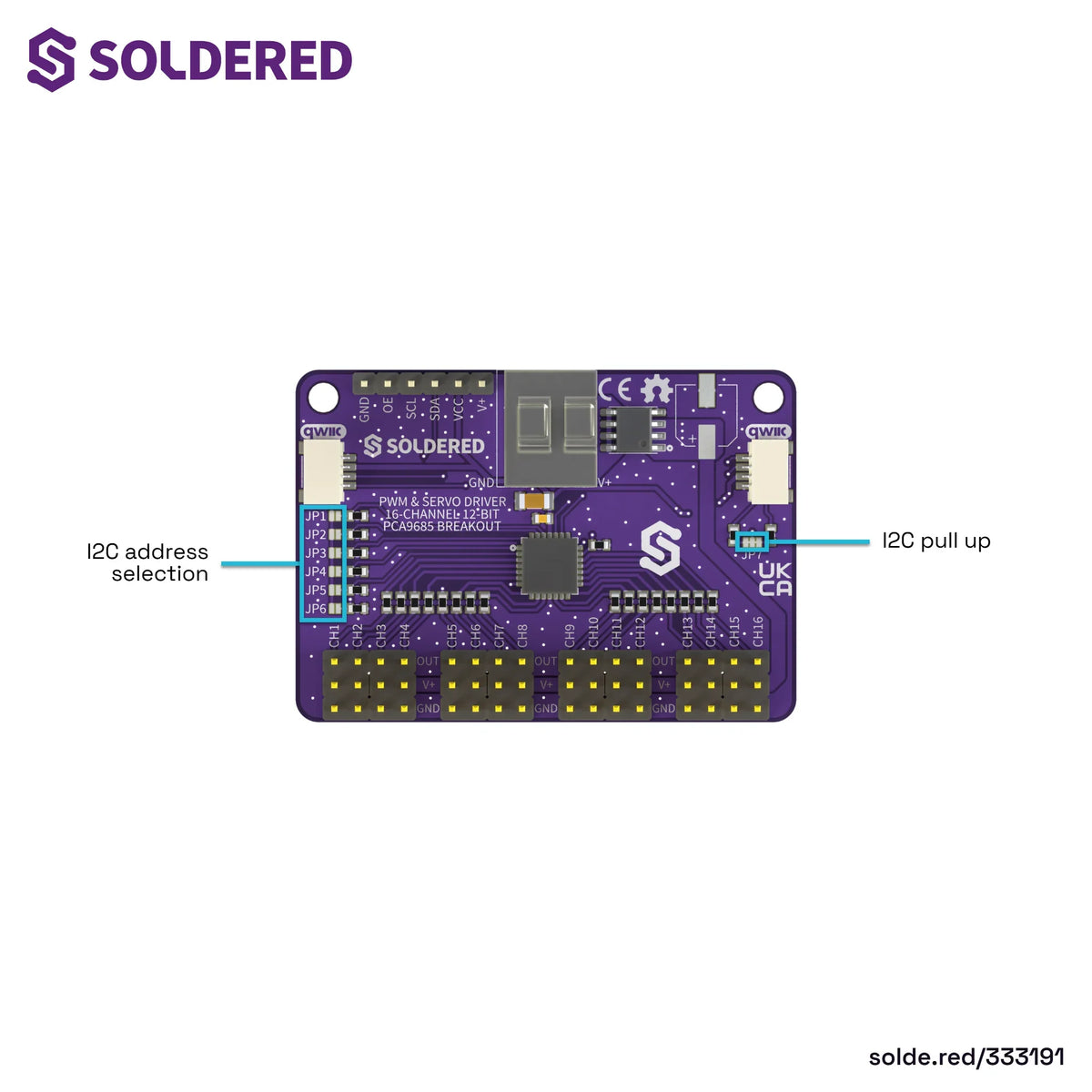 Driver Servo și PWM PCA9685 cu 16 Canale, 12 Biți, I2C și Qwiic