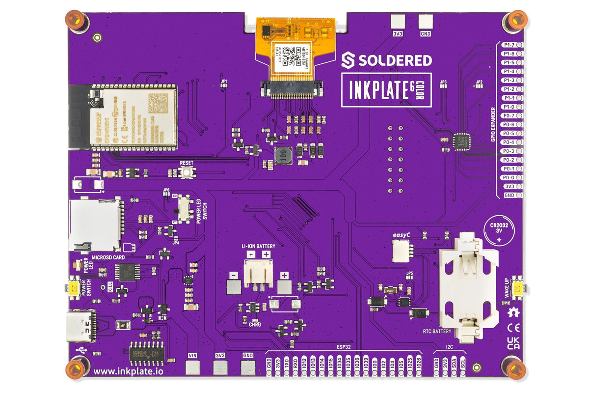 Inkplate 6COLOR vedere spate cu ESP32 si conectori