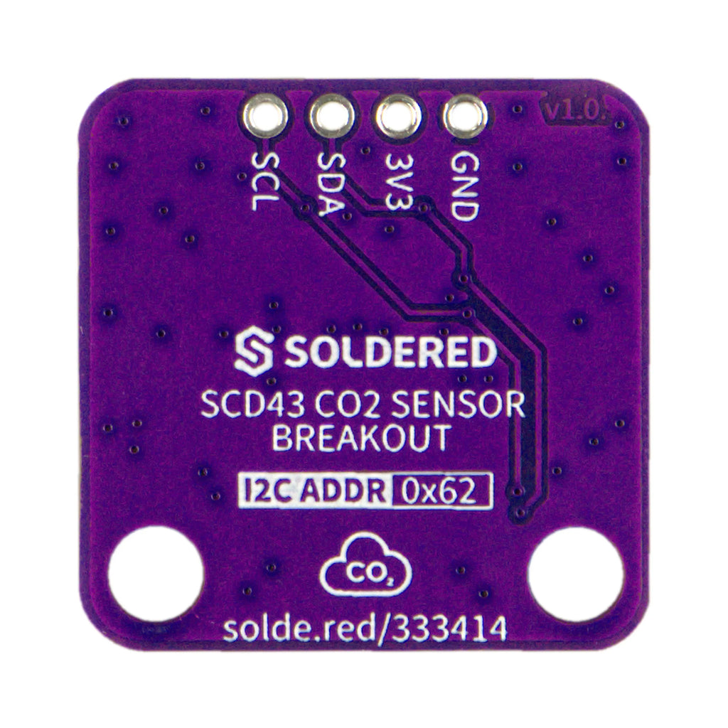 Modul SCD43 detaliu conectori Qwiic si header cu 4 pini