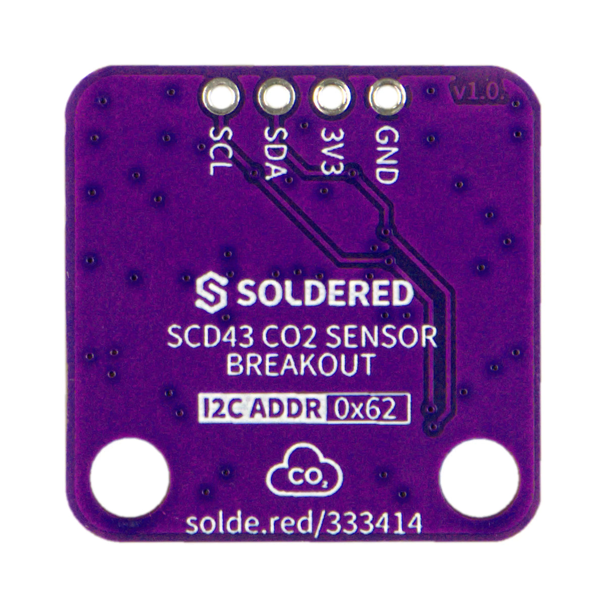 Modul SCD43 detaliu conectori Qwiic si header cu 4 pini