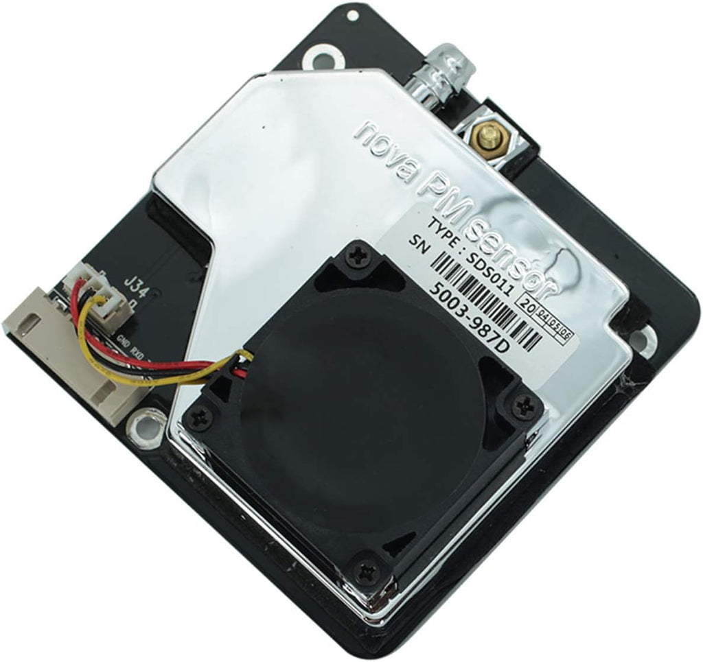 SDS011 detaliu cu marcajul Nova PM Sensor și camera optică laser