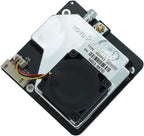 SDS011 detaliu cu marcajul Nova PM Sensor și camera optică laser