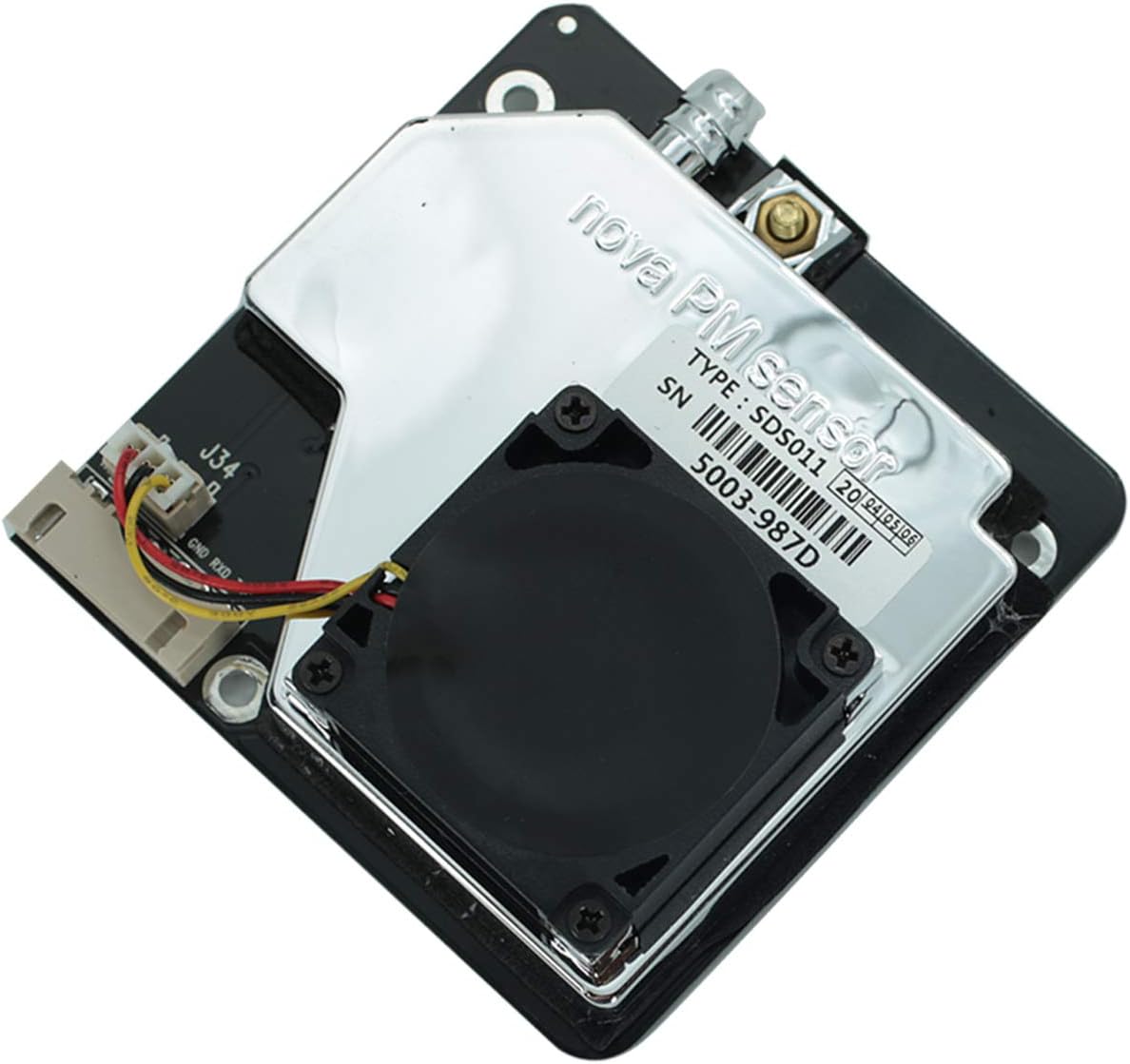 SDS011 detaliu cu marcajul Nova PM Sensor și camera optică laser