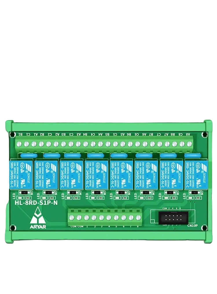 Green relay module with blue relays on a black background