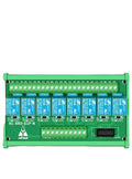 Green relay module with blue relays on a black background