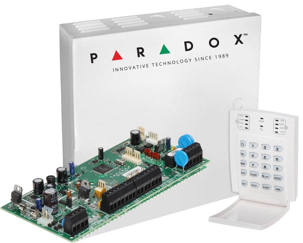Centrala alarma Paradox Spectra SP5500 cu tastatura LED K10, cutie si traf, 5 zone extensibile la 32