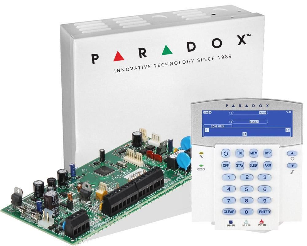 Centrala alarma Paradox Spectra SP5500 cu tastatura LCD K35, cutie si traf, 5 zone, 2 partitii