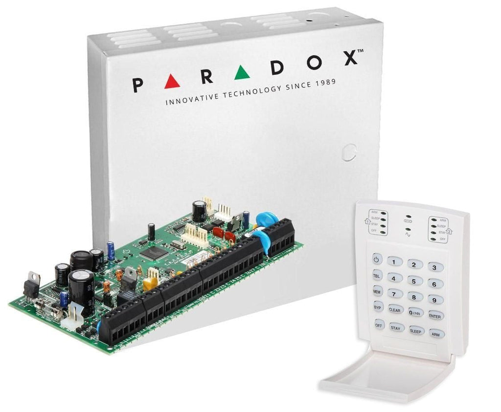 Centrala alarma Paradox Spectra SP6000 cu tastatura LED K10, cutie si traf, 8 zone, 2 partitii