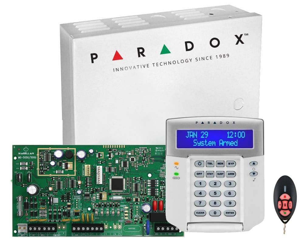 Centrala alarma hibrida Paradox MG5050+ cu tastatura LCD K32LCD+, telecomanda REM2, cutie si traf