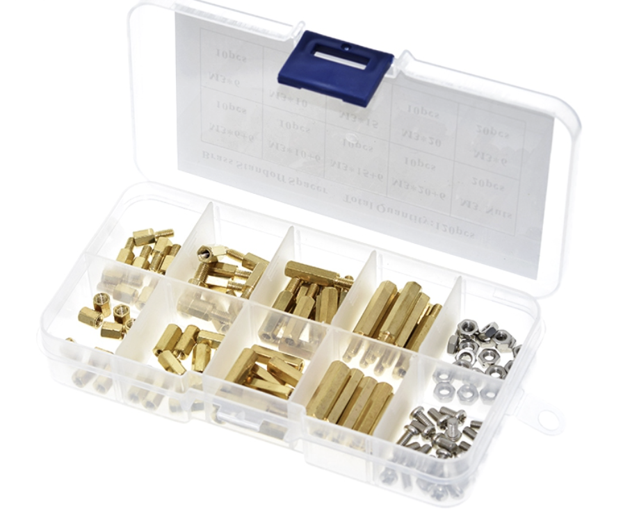 Set de 120 distantiere din alama M3 cu suruburi si piulite, in cutie