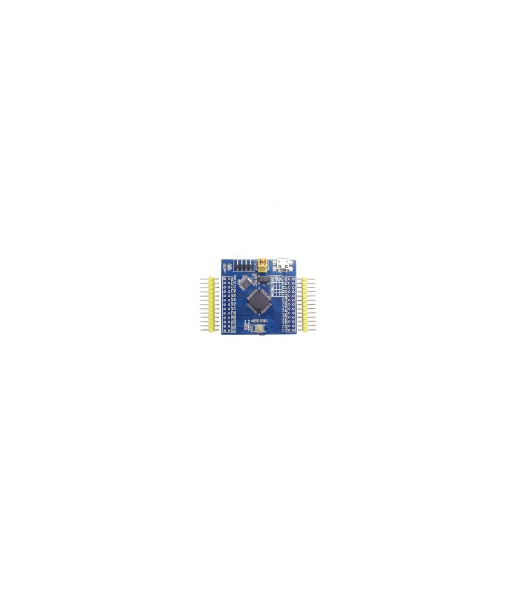 Placă dezvoltare ARM STM32F103RCT6 vedere frontală cu pini și USB