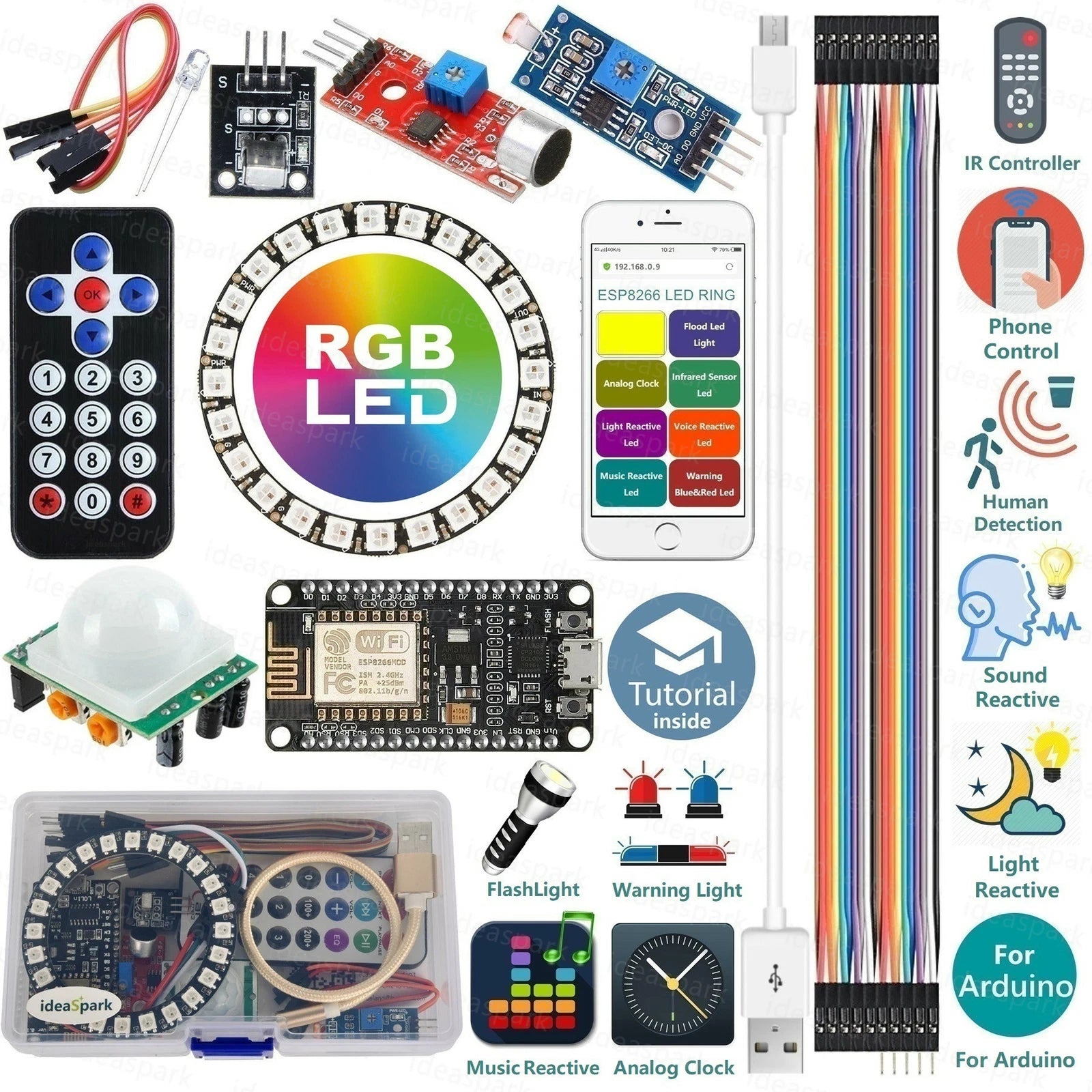 Kit ESP8266 cu Inel LED RGB WS2812B 24 Biți, Senzor Sunet și Telecomandă IR