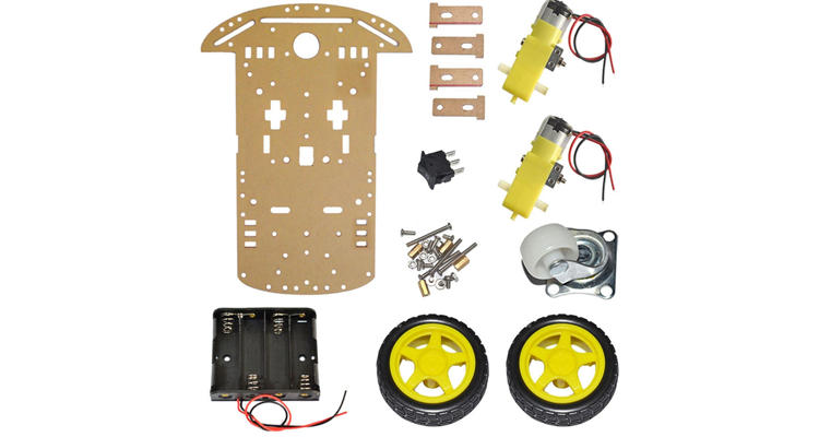 Componentele șasiului robot 2WD dezmembrate: placă ABS, motoare, roți, roată pivotantă